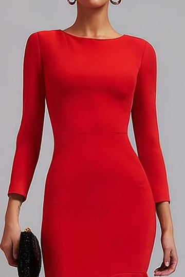 Red Satin Long Sleeves Mermaid Midi Work Dress With Ruffles